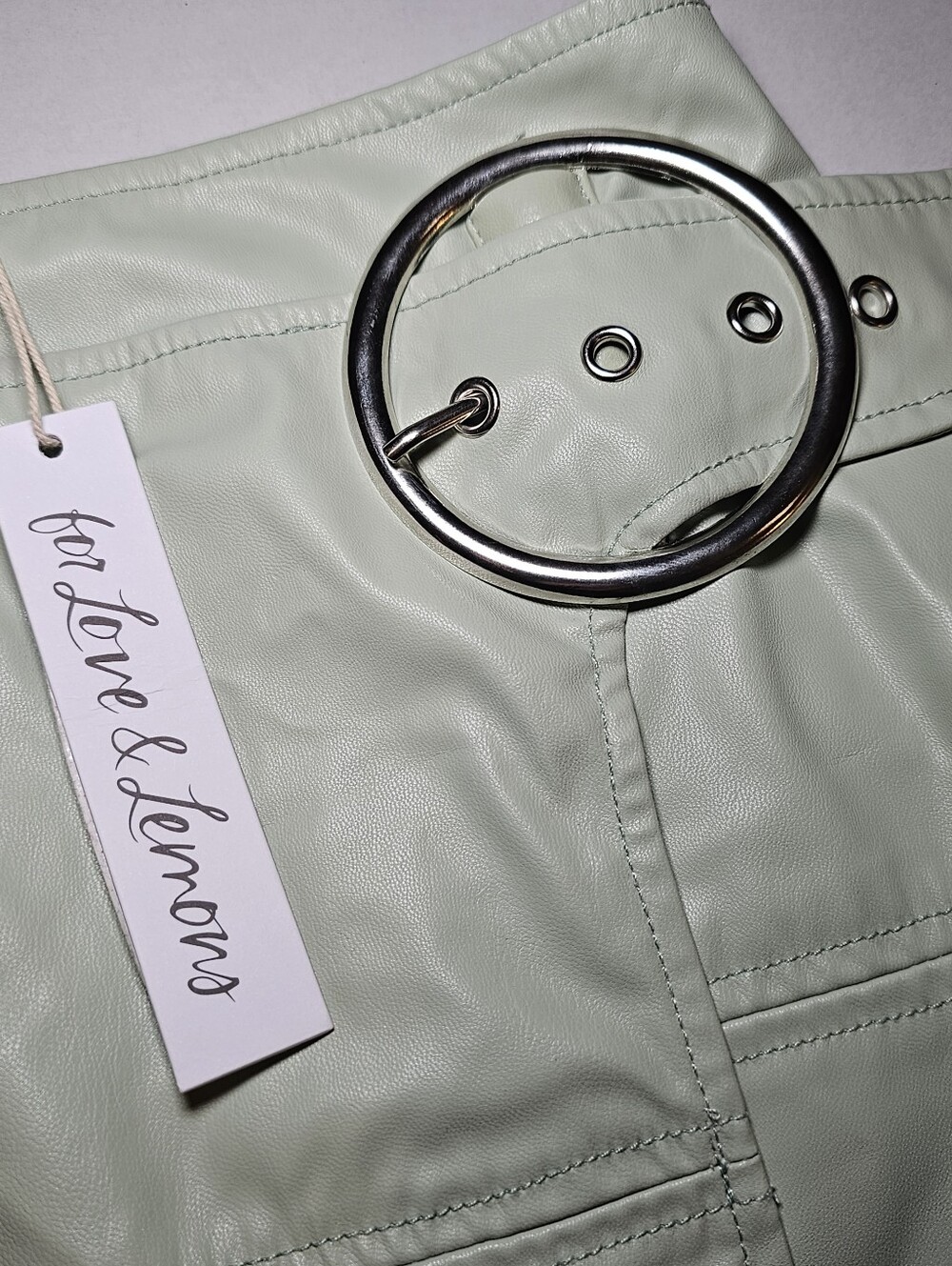 For Love & Lemons Talia Mini Skirt Sz M Green Vegan Faux Leather Buckle New $160